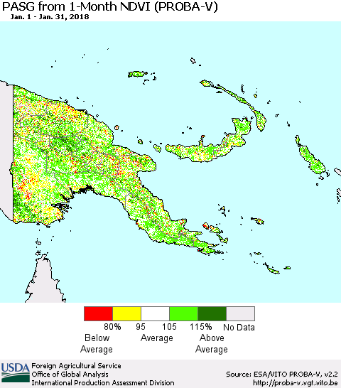 Papua New Guinea PASG from 1-Month NDVI (PROBA-V) Thematic Map For 1/21/2018 - 1/31/2018