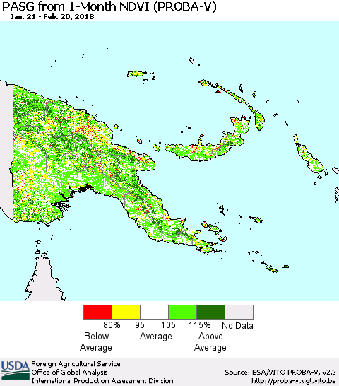 Papua New Guinea PASG from 1-Month NDVI (PROBA-V) Thematic Map For 2/11/2018 - 2/20/2018