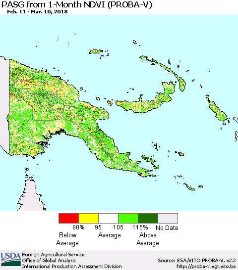 Papua New Guinea PASG from 1-Month NDVI (PROBA-V) Thematic Map For 3/1/2018 - 3/10/2018