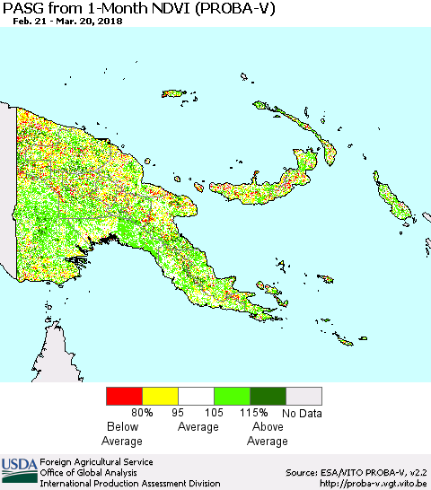 Papua New Guinea PASG from 1-Month NDVI (PROBA-V) Thematic Map For 3/11/2018 - 3/20/2018