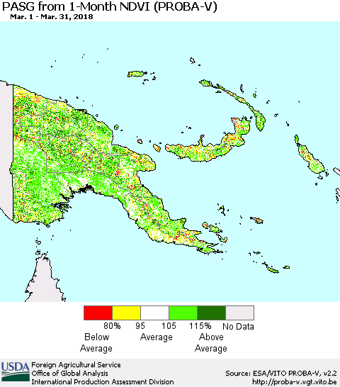 Papua New Guinea PASG from 1-Month NDVI (PROBA-V) Thematic Map For 3/21/2018 - 3/31/2018