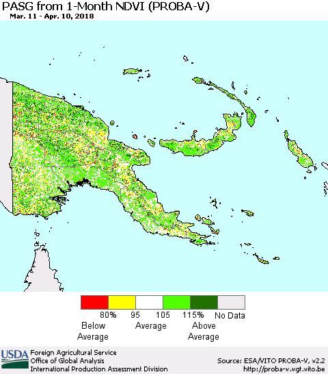 Papua New Guinea PASG from 1-Month NDVI (PROBA-V) Thematic Map For 4/1/2018 - 4/10/2018