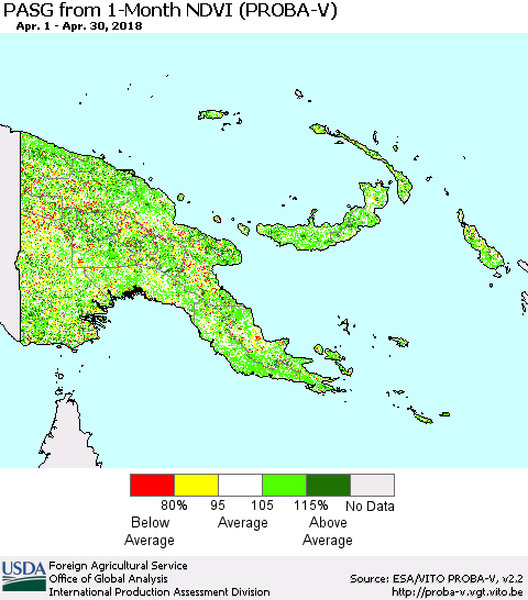 Papua New Guinea PASG from 1-Month NDVI (PROBA-V) Thematic Map For 4/21/2018 - 4/30/2018