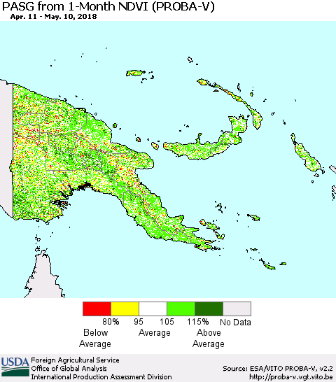 Papua New Guinea PASG from 1-Month NDVI (PROBA-V) Thematic Map For 5/1/2018 - 5/10/2018