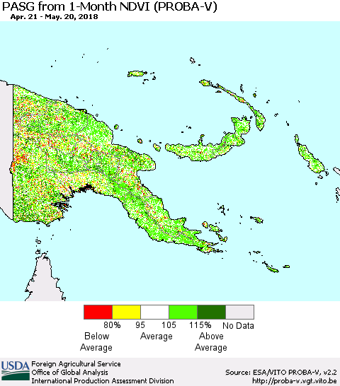 Papua New Guinea PASG from 1-Month NDVI (PROBA-V) Thematic Map For 5/11/2018 - 5/20/2018