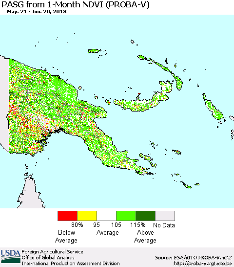 Papua New Guinea PASG from 1-Month NDVI (PROBA-V) Thematic Map For 6/11/2018 - 6/20/2018