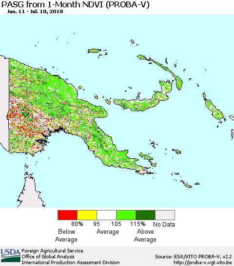 Papua New Guinea PASG from 1-Month NDVI (PROBA-V) Thematic Map For 7/1/2018 - 7/10/2018