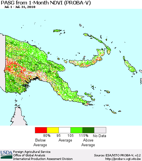 Papua New Guinea PASG from 1-Month NDVI (PROBA-V) Thematic Map For 7/21/2018 - 7/31/2018
