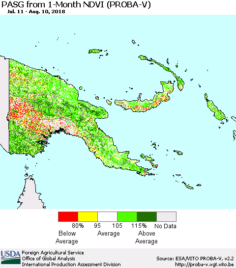 Papua New Guinea PASG from 1-Month NDVI (PROBA-V) Thematic Map For 8/1/2018 - 8/10/2018