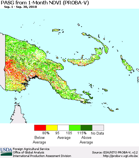 Papua New Guinea PASG from 1-Month NDVI (PROBA-V) Thematic Map For 9/21/2018 - 9/30/2018