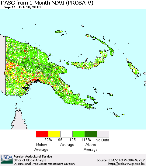 Papua New Guinea PASG from 1-Month NDVI (PROBA-V) Thematic Map For 10/1/2018 - 10/10/2018