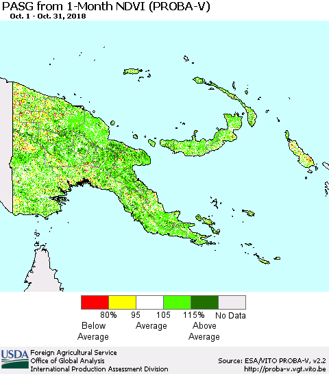 Papua New Guinea PASG from 1-Month NDVI (PROBA-V) Thematic Map For 10/21/2018 - 10/31/2018