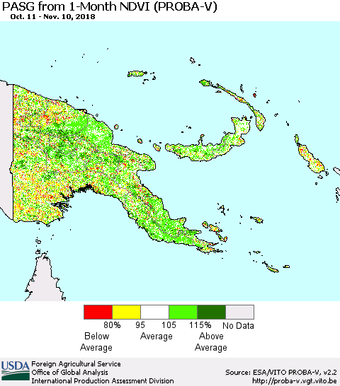 Papua New Guinea PASG from 1-Month NDVI (PROBA-V) Thematic Map For 11/1/2018 - 11/10/2018