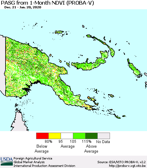 Papua New Guinea PASG from 1-Month NDVI (PROBA-V) Thematic Map For 1/11/2020 - 1/20/2020