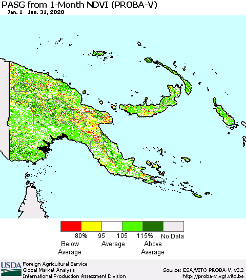 Papua New Guinea PASG from 1-Month NDVI (PROBA-V) Thematic Map For 1/21/2020 - 1/31/2020