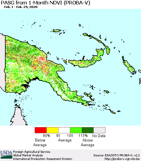 Papua New Guinea PASG from 1-Month NDVI (PROBA-V) Thematic Map For 2/21/2020 - 2/29/2020