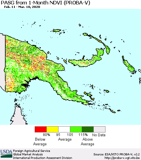 Papua New Guinea PASG from 1-Month NDVI (PROBA-V) Thematic Map For 3/1/2020 - 3/10/2020