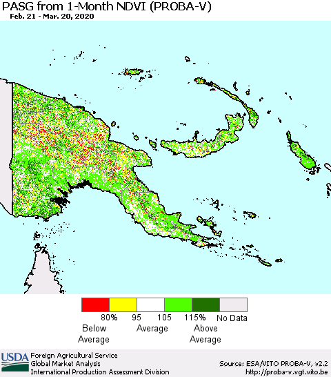 Papua New Guinea PASG from 1-Month NDVI (PROBA-V) Thematic Map For 3/11/2020 - 3/20/2020
