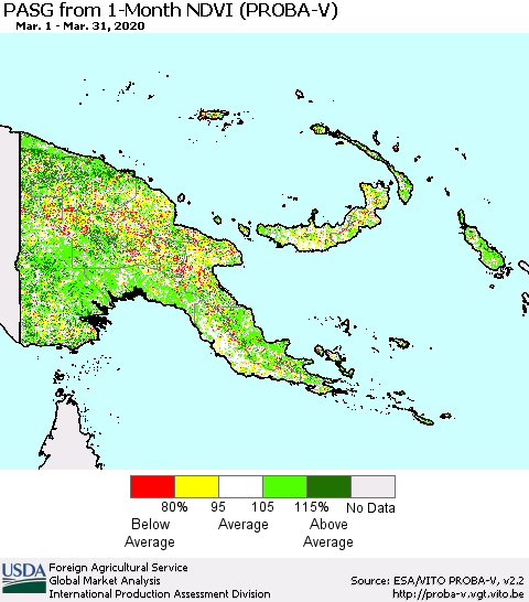 Papua New Guinea PASG from 1-Month NDVI (PROBA-V) Thematic Map For 3/21/2020 - 3/31/2020