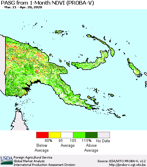 Papua New Guinea PASG from 1-Month NDVI (PROBA-V) Thematic Map For 4/11/2020 - 4/20/2020