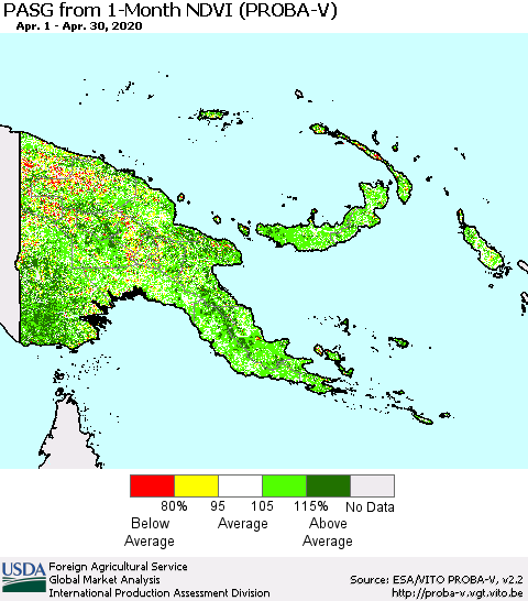Papua New Guinea PASG from 1-Month NDVI (PROBA-V) Thematic Map For 4/21/2020 - 4/30/2020