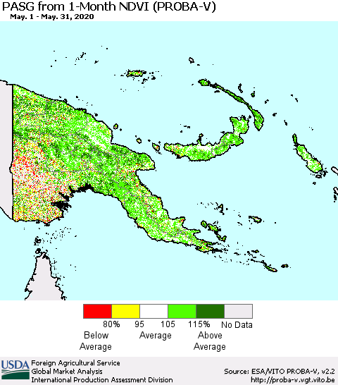 Papua New Guinea PASG from 1-Month NDVI (PROBA-V) Thematic Map For 5/21/2020 - 5/31/2020