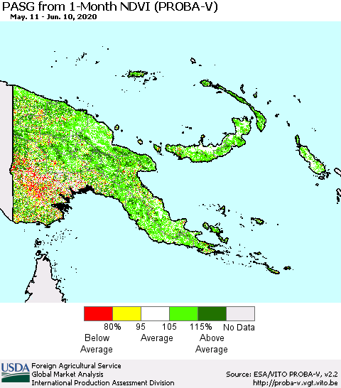 Papua New Guinea PASG from 1-Month NDVI (PROBA-V) Thematic Map For 6/1/2020 - 6/10/2020