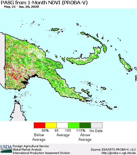 Papua New Guinea PASG from 1-Month NDVI (PROBA-V) Thematic Map For 6/11/2020 - 6/20/2020