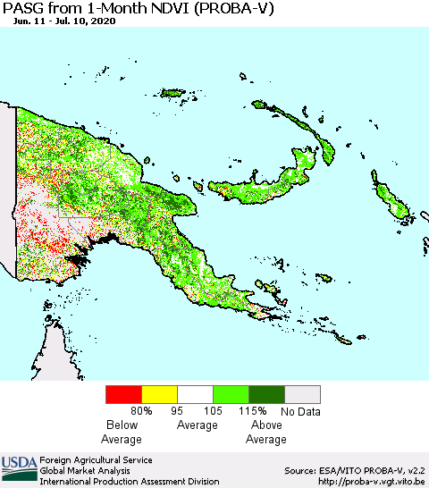 Papua New Guinea PASG from 1-Month NDVI (PROBA-V) Thematic Map For 7/1/2020 - 7/10/2020