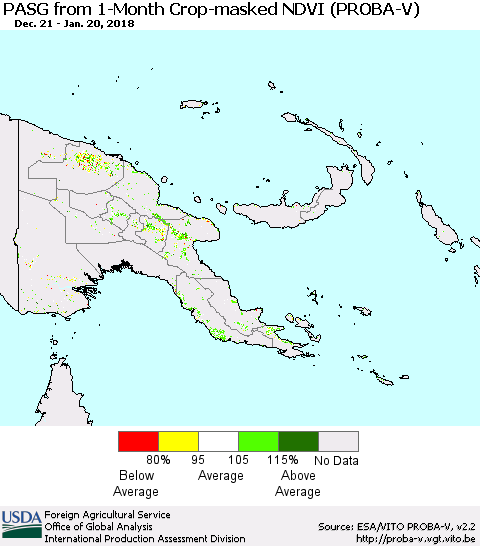 Papua New Guinea PASG from 1-Month Crop-masked NDVI (PROBA-V) Thematic Map For 1/11/2018 - 1/20/2018