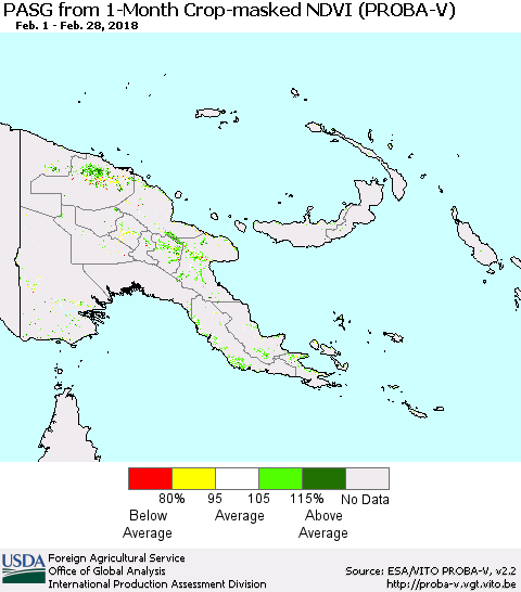 Papua New Guinea PASG from 1-Month Crop-masked NDVI (PROBA-V) Thematic Map For 2/21/2018 - 2/28/2018