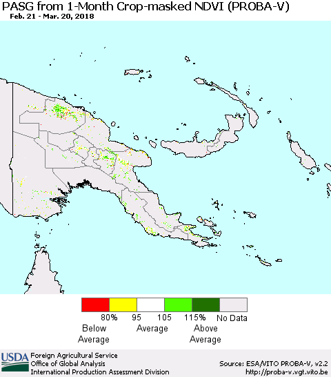Papua New Guinea PASG from 1-Month Crop-masked NDVI (PROBA-V) Thematic Map For 3/11/2018 - 3/20/2018