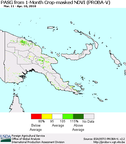 Papua New Guinea PASG from 1-Month Crop-masked NDVI (PROBA-V) Thematic Map For 4/1/2018 - 4/10/2018