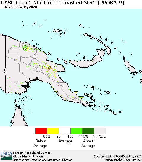 Papua New Guinea PASG from 1-Month Crop-masked NDVI (PROBA-V) Thematic Map For 1/21/2020 - 1/31/2020