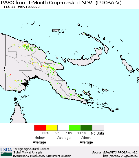 Papua New Guinea PASG from 1-Month Crop-masked NDVI (PROBA-V) Thematic Map For 3/1/2020 - 3/10/2020