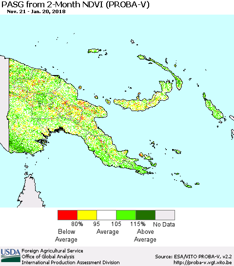 Papua New Guinea PASG from 2-Month NDVI (PROBA-V) Thematic Map For 1/11/2018 - 1/20/2018