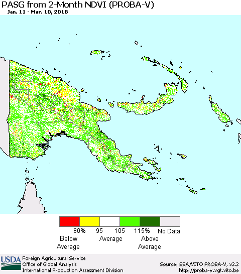Papua New Guinea PASG from 2-Month NDVI (PROBA-V) Thematic Map For 3/1/2018 - 3/10/2018
