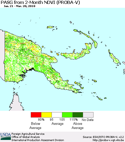 Papua New Guinea PASG from 2-Month NDVI (PROBA-V) Thematic Map For 3/11/2018 - 3/20/2018