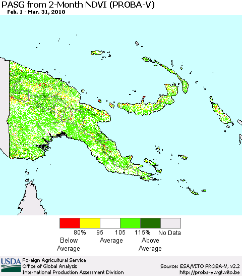 Papua New Guinea PASG from 2-Month NDVI (PROBA-V) Thematic Map For 3/21/2018 - 3/31/2018