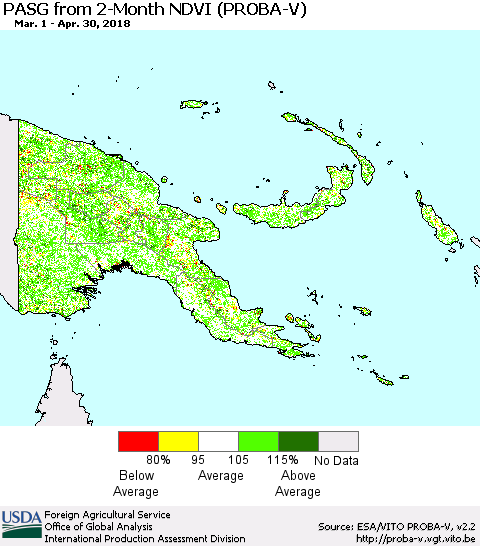 Papua New Guinea PASG from 2-Month NDVI (PROBA-V) Thematic Map For 4/21/2018 - 4/30/2018
