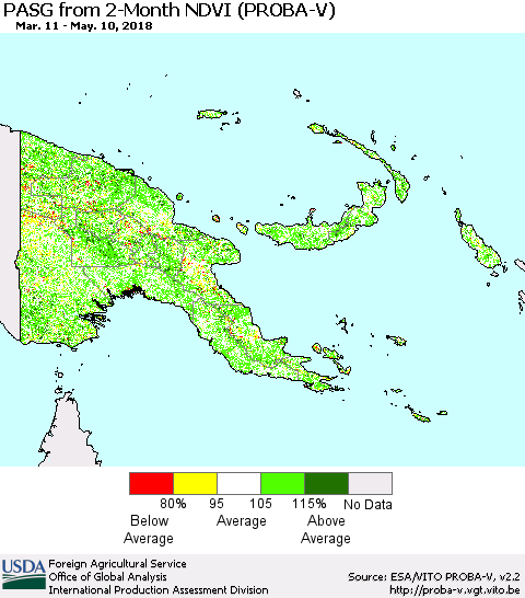 Papua New Guinea PASG from 2-Month NDVI (PROBA-V) Thematic Map For 5/1/2018 - 5/10/2018