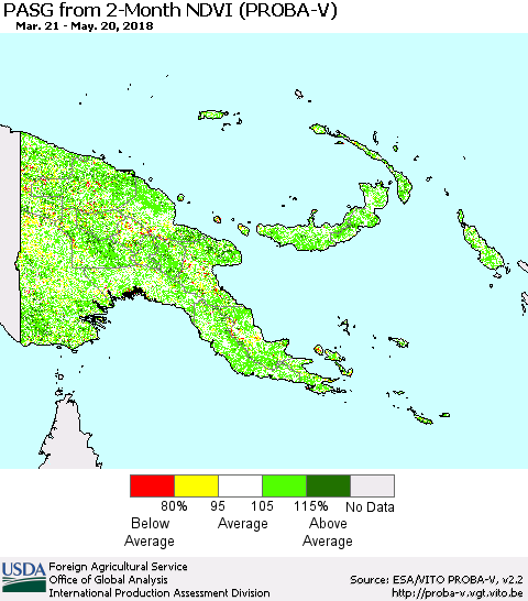 Papua New Guinea PASG from 2-Month NDVI (PROBA-V) Thematic Map For 5/11/2018 - 5/20/2018
