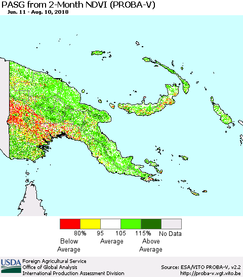 Papua New Guinea PASG from 2-Month NDVI (PROBA-V) Thematic Map For 8/1/2018 - 8/10/2018