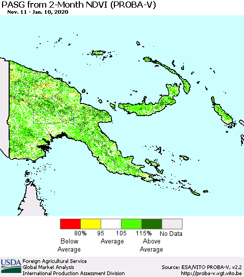 Papua New Guinea PASG from 2-Month NDVI (PROBA-V) Thematic Map For 1/1/2020 - 1/10/2020