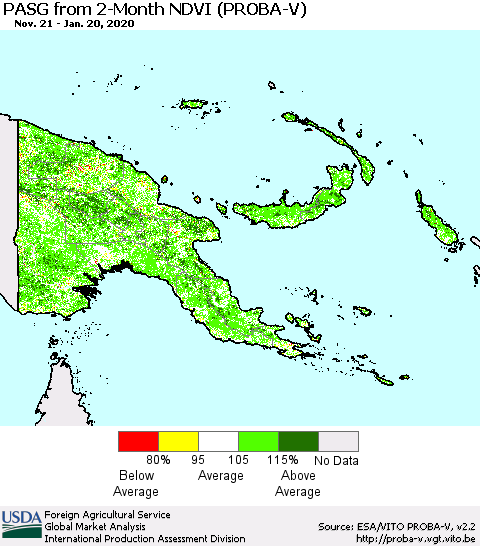 Papua New Guinea PASG from 2-Month NDVI (PROBA-V) Thematic Map For 1/11/2020 - 1/20/2020