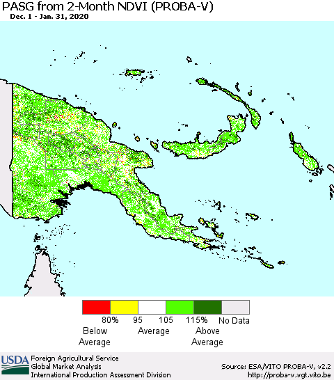 Papua New Guinea PASG from 2-Month NDVI (PROBA-V) Thematic Map For 1/21/2020 - 1/31/2020