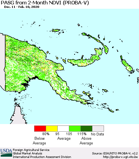 Papua New Guinea PASG from 2-Month NDVI (PROBA-V) Thematic Map For 2/1/2020 - 2/10/2020