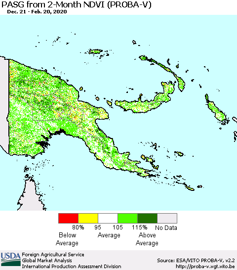 Papua New Guinea PASG from 2-Month NDVI (PROBA-V) Thematic Map For 2/11/2020 - 2/20/2020