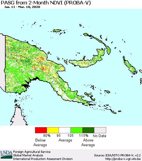 Papua New Guinea PASG from 2-Month NDVI (PROBA-V) Thematic Map For 3/1/2020 - 3/10/2020
