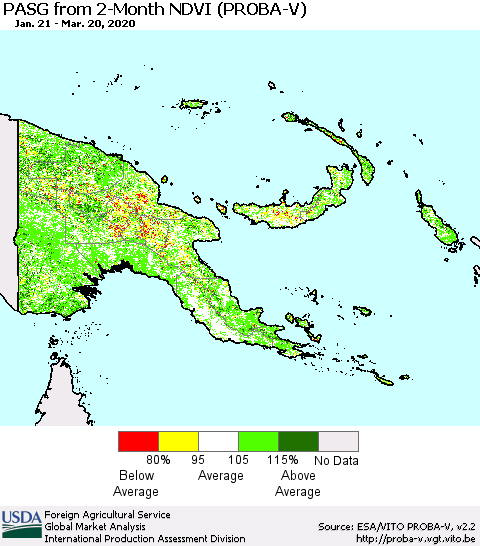 Papua New Guinea PASG from 2-Month NDVI (PROBA-V) Thematic Map For 3/11/2020 - 3/20/2020
